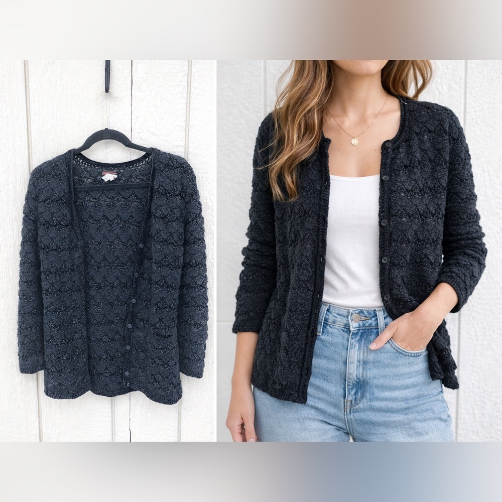Vintage Yves Saint Laurent Textured Wool Blend Black Cardigan Size Large‎